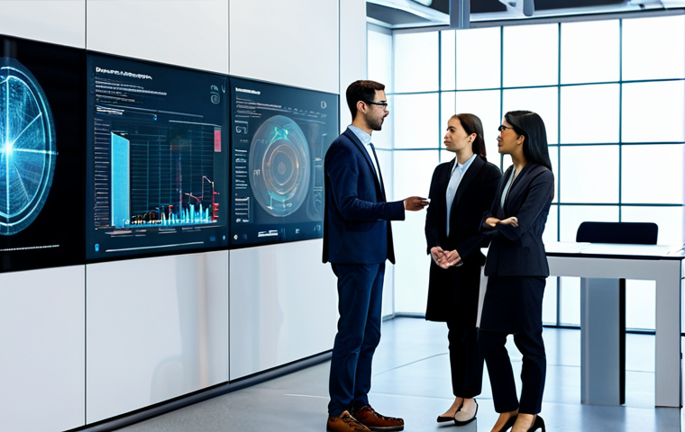 A diverse group of five professionals, two men and three women of various ethnicities, are engaged in a serious yet collaborative discussion around a large, transparent holographic display in a modern AI research lab. The display shows complex, interconnected data visualizations that represent algorithmic processes and data flows, emphasizing fairness and bias mitigation. They are pointing at the visualizations, suggesting analysis and problem-solving. All subjects are in modest business casual attire and professional dress. The lab is clean, well-lit with soft ambient lighting, and features subtle technological accents in the background. The atmosphere conveys a sense of ethical responsibility and teamwork. fully clothed, appropriate attire, safe for work, perfect anatomy, correct proportions, natural pose, professional photography, high quality, professional, family-friendly, well-formed hands, proper finger count, natural body proportions.