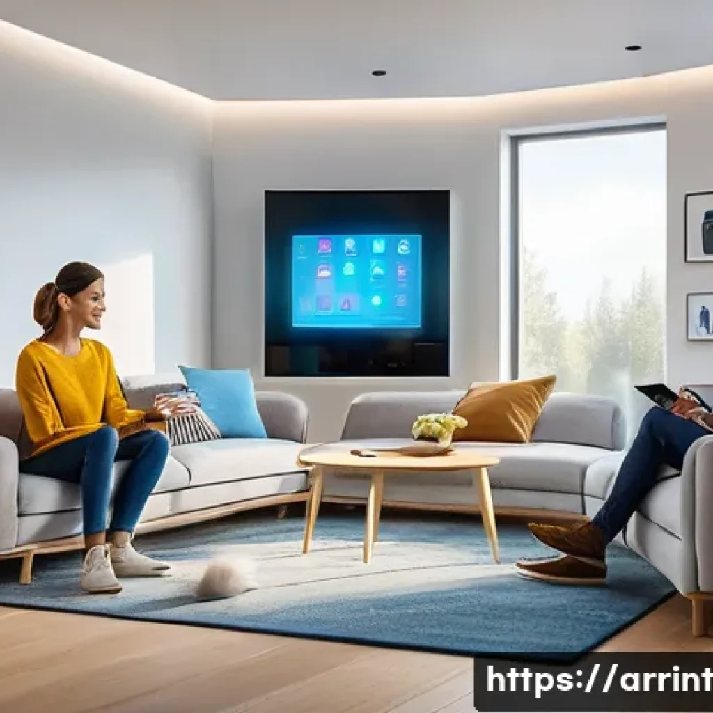 AI 윤리와 기술 혁신의 조화 - A futuristic smart home interior showing a diverse family interacting naturally with AI-powered devi...