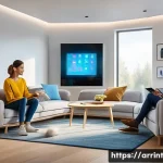 Home 20 AI 윤리와 기술 혁신의 조화 - A futuristic smart home interior showing a diverse family interacting naturally with AI-powered devi...