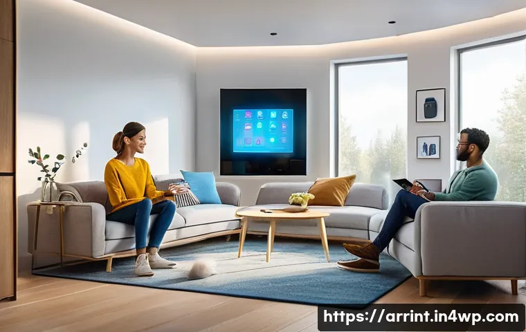 AI 윤리와 기술 혁신의 조화 - A futuristic smart home interior showing a diverse family interacting naturally with AI-powered devi...