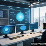 Home 19 AI 윤리와 사회적 가치 실현 방안 - A futuristic, human-centered AI design workspace featuring diverse developers and ethicists collabor...
