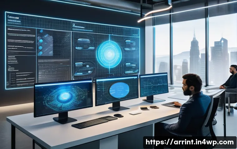 AI 윤리와 사회적 가치 실현 방안 - A futuristic, human-centered AI design workspace featuring diverse developers and ethicists collabor...