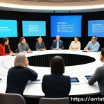 Home 18 시민참여 AI 윤리의 기준 설정 - A diverse group of engaged citizens of various ages and ethnicities participating in a lively public...