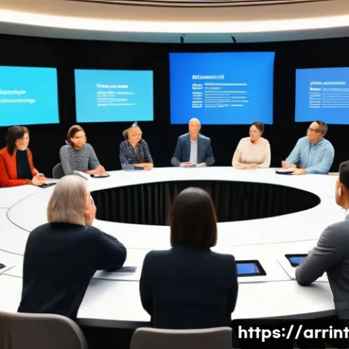 Home 30 시민참여 AI 윤리의 기준 설정 - A diverse group of engaged citizens of various ages and ethnicities participating in a lively public...