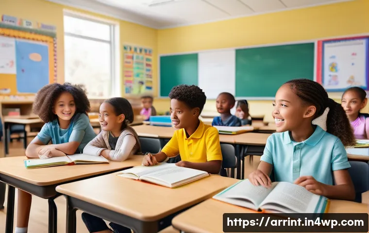 AI 윤리 관련 교육과정 개발 방안 - A diverse classroom setting featuring elementary school children engaging with interactive AI ethics...